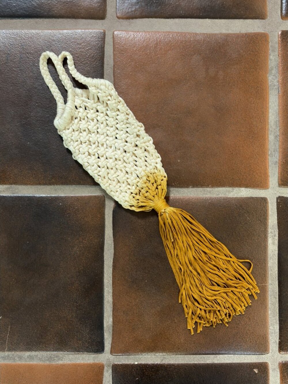 Cream Open-Knit Mini Bag with Long Mustard Tassel